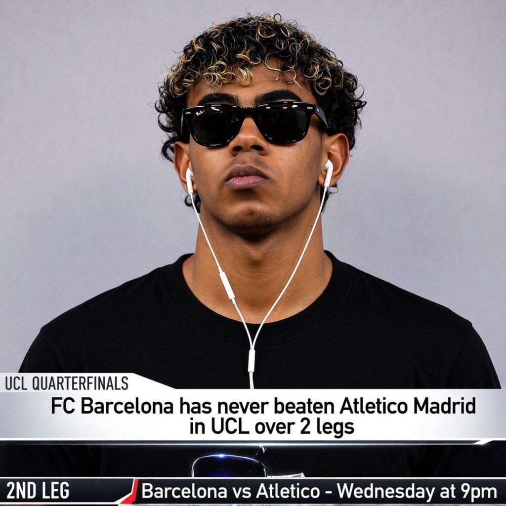 A man with curly hair, sunglasses, and white earbuds, with text about UCL Quarterfinals: Barcelona vs Atletico.